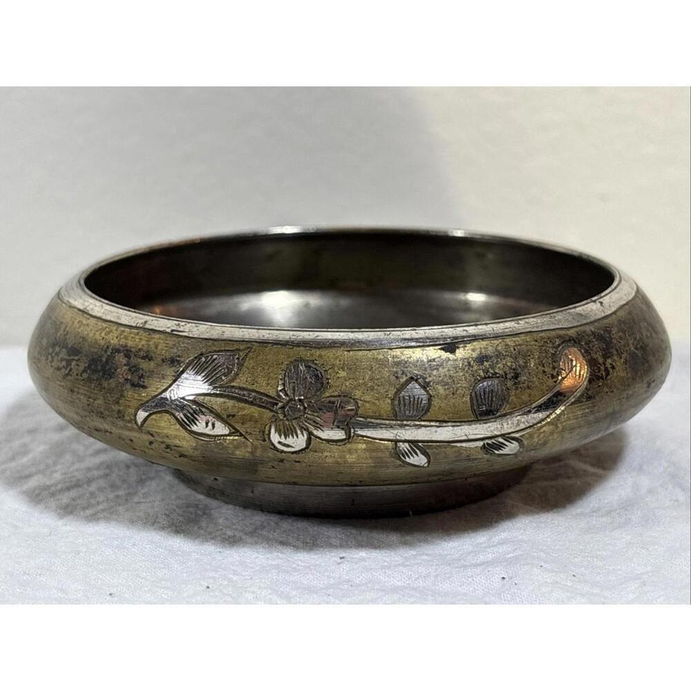 Vintage Brass Bowl w/ Silver Inlay Floral Design India 1494 – 4.5” Wide